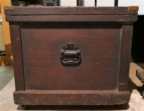 Wood Tool Chest with Sliding Trays and Tools Inside - Saws, Squares, Bits, Hammers, Folding Rulers, and More - Chest Has Raised Panel Top, Brass Corner Pieces - Chest Measures 20 Tall 38 by 22 -...