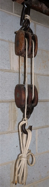 Two Fold Purchase Block and Tackle - Boston and Lockport Block Company - Each Wood Block Measures 6" 