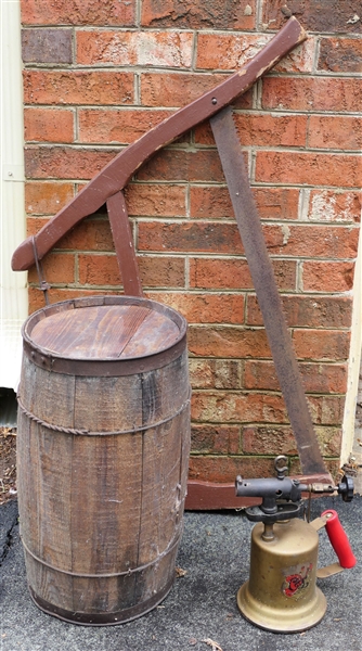 Wood Nail Keg with Lid, C&L Brass Torch with Partial Original Label, and Wood Bow Saw 