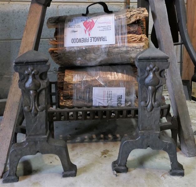 Pair of Nice Arts and Crafts Andirons, Fire Grate, and 3 Bundles of Firewood and 4 Bricks of Firestarter