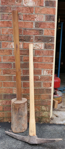Wood Maul Carved From Tree and Pick Axe