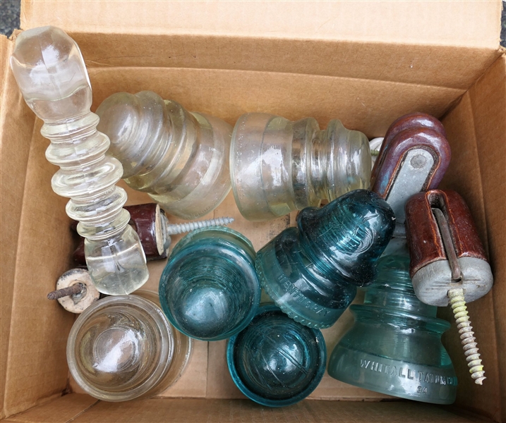 Lot of Glass and Porcelain Insulators including Hemmingway No. 19, Whithall Tatum, Pyrex