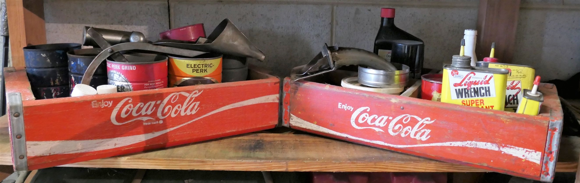 2 Wood Coca Cola Crates Full of Oil Bottles, Liquid Wrench, Nails, and Hardware