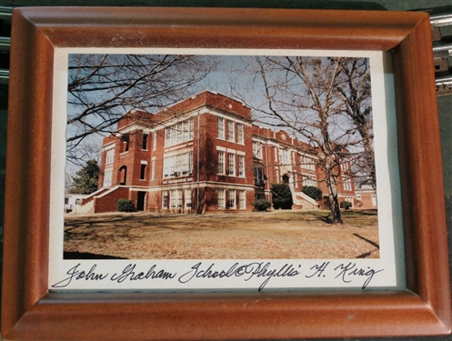 3 Brick Pieces from John Graham High School 1923 -1992 - Each Has Tag Plus Framed Photograph 4 by 6  of John Graham High School Taken by Phyllis H. King