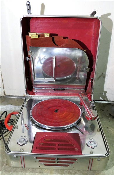 John Vassos - RCA Victor Special Portable Record Player - Suitcase Style in Aluminum Case with Red Felt Lining, Turn Table, and Red Details - Case Measures 8" 18" by 17" 