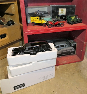 17 Model Cars - Most New in Original Boxes and Red Painted Shelf Crafted From Wooden Remington Crates - Shelf Measures 28 tall 14 1/2 by 9 