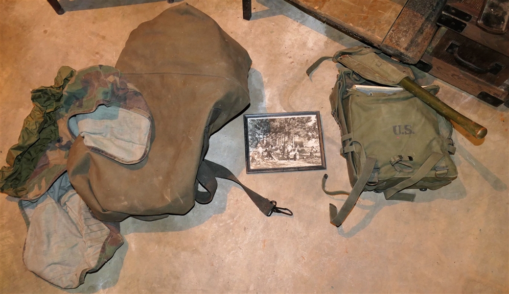US Military Shovel, Backpack, Duffel Bag, Camo Vest, Pack, and Photograph of Co B 119th INF 30th Div. NC National Guard - 1948- 1952 Summer Camp