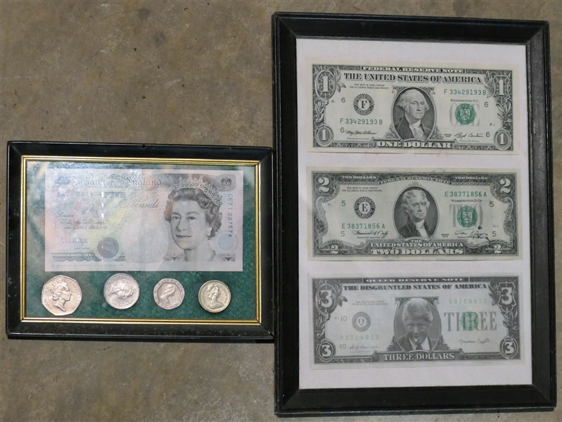 Framed British Money Form Bank of England - 5 Pounds Note and Some Coins and Framed 1, 2, and 3 Dollar Bills 