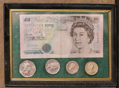 Framed British Money Form Bank of England - 5 Pounds Note and Some Coins and Framed 1, 2, and 3 Dollar Bills 