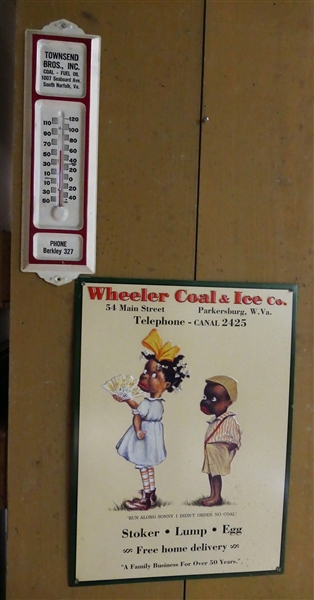 Townsend Bros. Inc Coal Fuel Oil - South Norfolk, VA Thermometer with 3 Digit Phone Number and Modern Wheeler Coal & Ice Co.  - Parkersburg, WV - Metal Sign - Thermometer Measures 13 1/2" Long