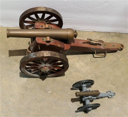 Brass Cannon Replica on Wood Stand - Cannon Measures 7 Long and Other Smaller Cannon
