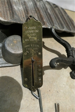 Cast Iron Muffin Pan, Wagner Cast Iron Corn Stick Pan, John Chatillion & Sons Brass Front Scales, Insect Boot Jack, and Little Star Apple Peeler