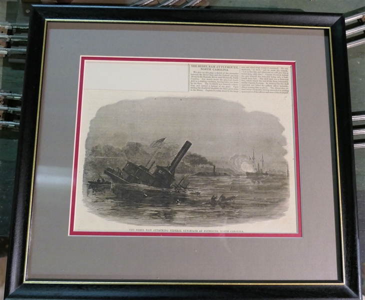 "The Rebel Ram Attacking Federal Gunboats At Plymouth North Carolina" Framed and Double Matted Article or Book Page - Frame Measures 13" by 15"