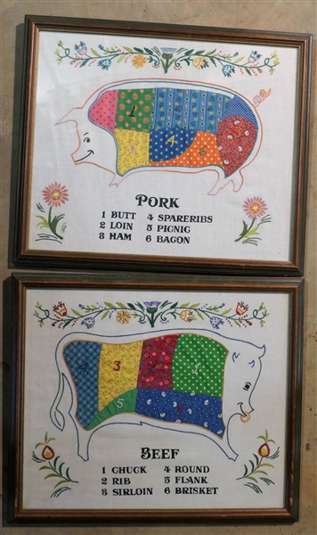 2 Framed Needlework Pieces - Beef and Pork - Frames Measure 16" by 19 1/2" 