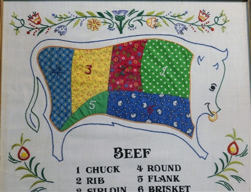 2 Framed Needlework Pieces - Beef and Pork - Frames Measure 16 by 19 1/2 