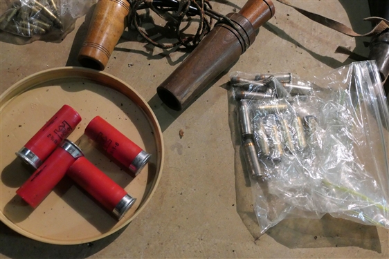 2  Powder Horns, Call, Mostly Full Box of BBs, Partial Boxes of Shells, and Some Other Misc. Ammo