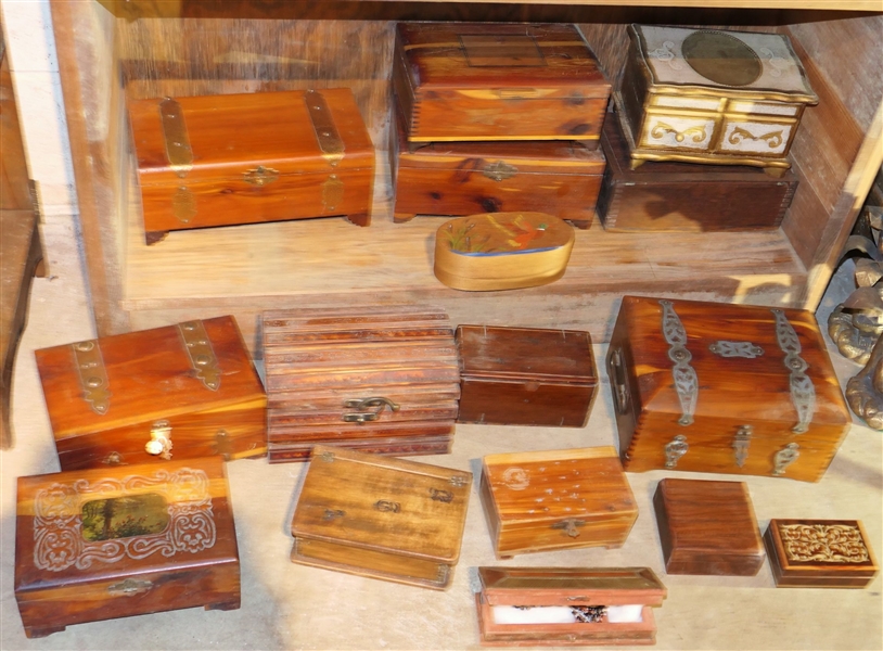 16 Wood Boxes including Hand painted Shaker Style, Inlaid, Lane Cedar Boxes, and Small Box with Brass Overlay 