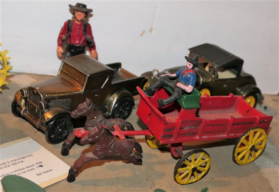 Group of Toys and Cars including 30th Anniversary John Deere, Hubley Car, Cast Iron Amish Man, and Tootsie Toy - Refurbished by Bill Alston 