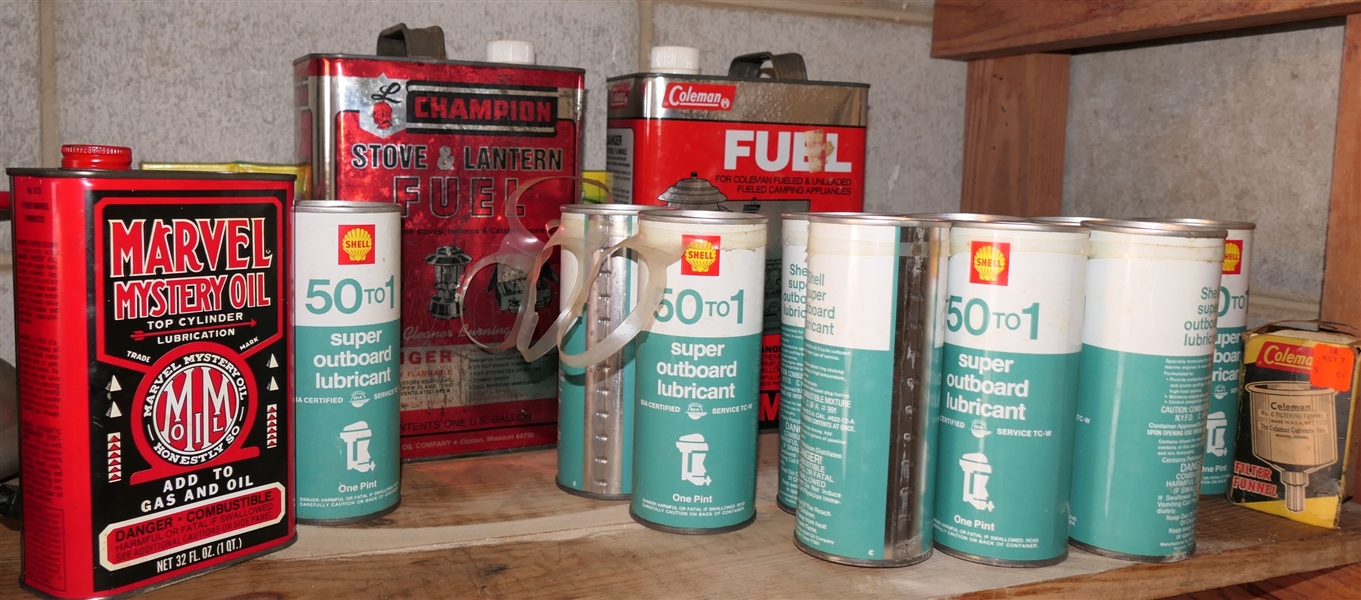 Lot of Oil Cans including Marvel Oil, Coleman, Champion, & Shell Super Outboard Lubricant Cans - Unopened