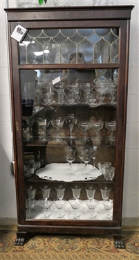 Oak Claw Foot Display Cabinet with Leaded Glass Detail on Door - Measures 61" Tall 29 1/2" by 13" - NO CONTENTS