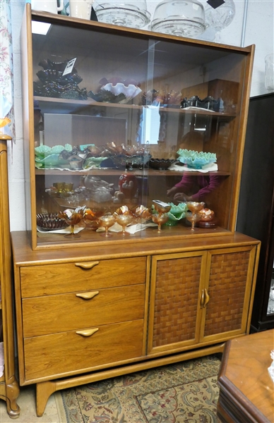 Lane Mid Century China Cabinet with Basket Weave Style Doors - 3 Drawers (Top is Divided Silver Drawer) - Measures 68" tall 48" by 19" - NO CONTENTS - Cabinet is 2 Pieces 