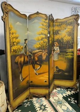 Painted Decorative Folding Screen with Colonial Scene - Each Panel Measures 72" by 16"