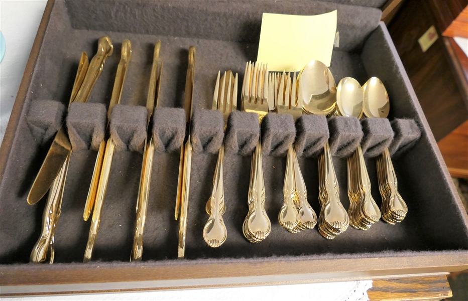 50 Piece Set of Gold Plated Stainless Steel Flatware - Made in Japan in Nice Wood Case 