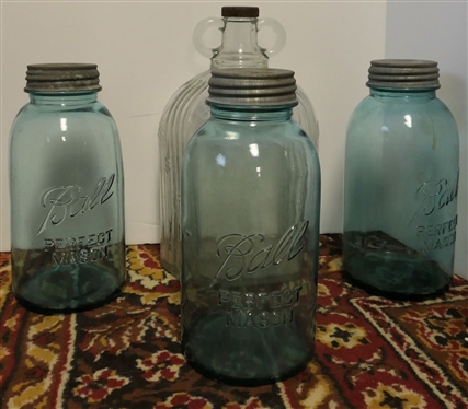 3 Blue Ball Half Gallon Jars with Zinc Lids and Clear Glass Jug 