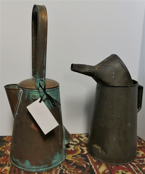Copper Pitcher and Oil Can - Copper Pitcher Measures 10" Tall, Oil Can Marked 1 Gallon 