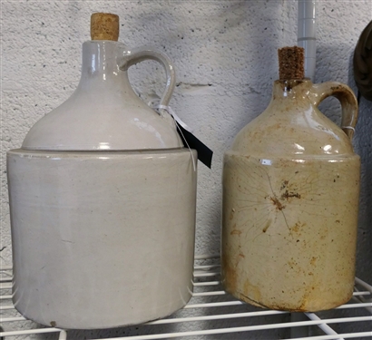 2 Stone Jugs - 1 with Incised AL and Smaller Jug with Chip on Lip 
