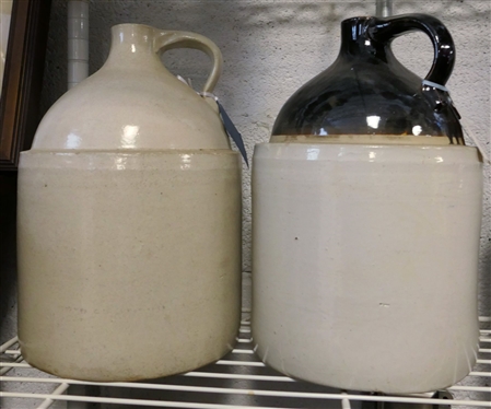 2 Stone Jugs - 2 Gallon with Blue 2 and Brown and White Jug