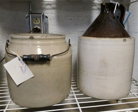 Stoneware Storage Crock with Wood Bail Handle and Brown and White2 Gallon Stone Jug - Has Hairline Crack and Small Chip