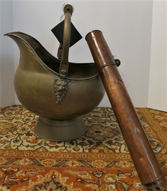 Brass Skuttle with Blue and White Porcelain Handles and Copper Stick Match Holder