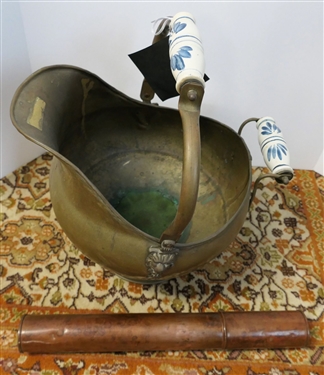 Brass Skuttle with Blue and White Porcelain Handles and Copper Stick Match Holder