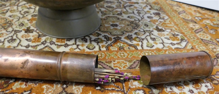 Brass Skuttle with Blue and White Porcelain Handles and Copper Stick Match Holder