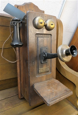 Chicago Telephone Company Oak Wall Phone with Original Brass Tag - Works Inside