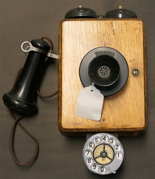 Kellogg Oak Rotary Dial Wall Telephone - With Works Inside 