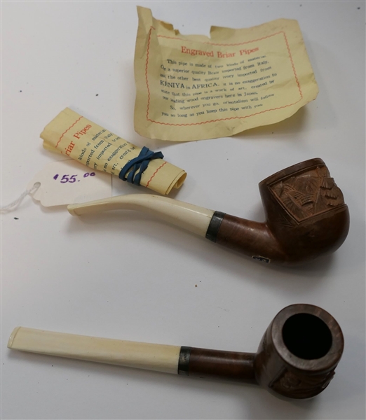2 - Engraved Briar Pipes - With Original Papers - Bands Marked Silver 