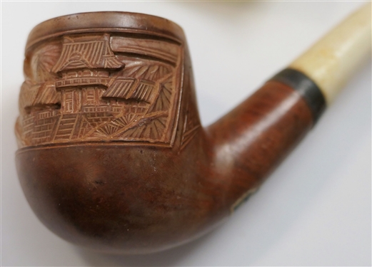 2 - Engraved Briar Pipes - With Original Papers - Bands Marked Silver 