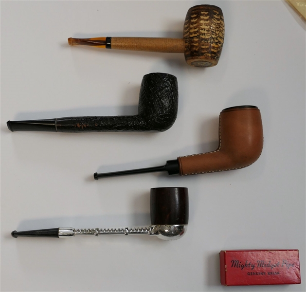 5 Smoking Pipes - Missouri Meerschaum Pipe, Longchamp France Leather Pipe, Waldorf, Viking, and Mighty Midget Pipe in Original Box