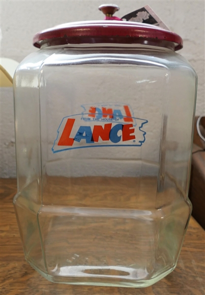 Lance Jar with Red Metal Lid  - Measures 12" tall 7" by 8" 