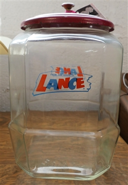 Lance Jar with Red Metal Lid  - Measures 12 tall 7 by 8 
