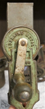 Lorianne Metal Nutmeg Grinder, Sinclair Scott Co. Baltimore Apple Peeler, and Signed Antique Press - Kitchen Tool - Measuring 4 Tall 10 Long