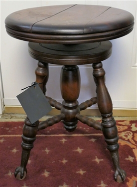 Ball and Claw Foot Piano Stool - Adjustable Seat Height - Measures 18 tall 14 Across