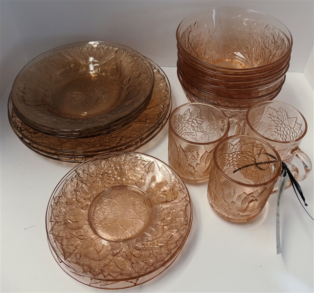 19 Pieces of Pink Glassware with Fruits and Leaves - Mugs, Plates, and 7" Bowls