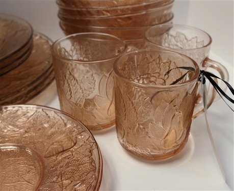 19 Pieces of Pink Glassware with Fruits and Leaves - Mugs, Plates, and 7 Bowls
