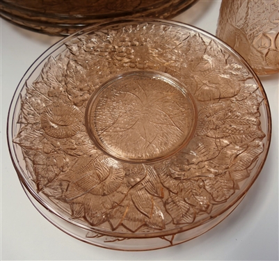 19 Pieces of Pink Glassware with Fruits and Leaves - Mugs, Plates, and 7 Bowls