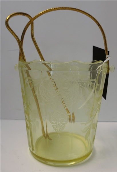 Yellow Depression Glass Ice Bucket with Metal Handle and Tongs - Bucket Measures 5 3/4" tall 6" across