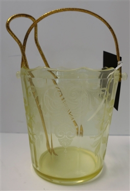 Yellow Depression Glass Ice Bucket with Metal Handle and Tongs - Bucket Measures 5 3/4 tall 6 across