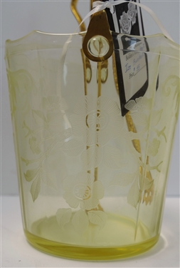 Yellow Depression Glass Ice Bucket with Metal Handle and Tongs - Bucket Measures 5 3/4 tall 6 across